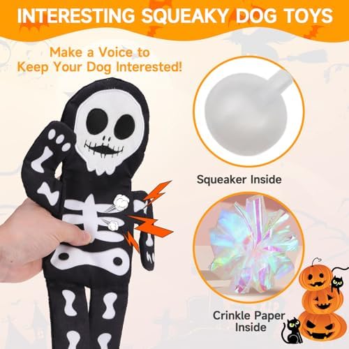 PAWCHIE Halloween Squeaky Dog Toys 2 Pcs for Small Medium Dogs,No Stuffing Crinkle Puppy Toy,Soft Pet Plush Teething Toys Mess-Free Interactive Chew Toy for Boredom Ideal, Skeleton & Mummy - Image 2