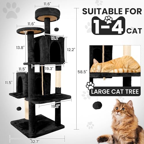 58.5inch Large Cat Tree Tower Condo for Indoor Cats, Soft Plush Multi-Level Climbing Tree Cat House, Scratching Post, More Entrance/Exit, Sisal Rope, Black - Image 3
