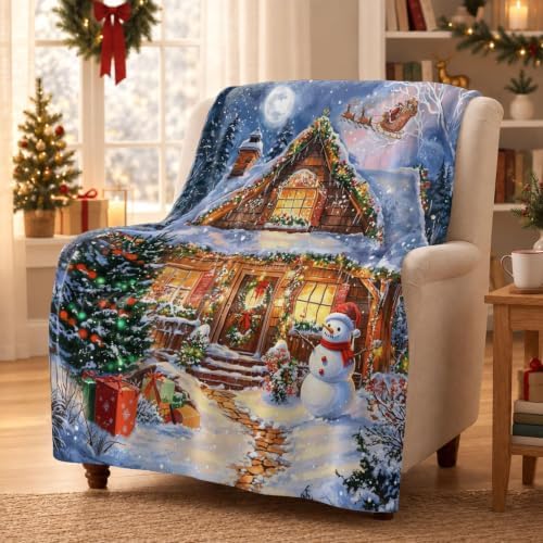Neasow Christmas Throw Blanket, Cabin and Snowman Christmas Eve Design Soft Fuzzy Cozy Flannel Blanket Gift for Family and Friends Home Sofa Couch Chair Decorative 50x60 Inch - Image 6