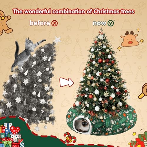 Cat Tunnel Christmas Tree Skirt, Foldable Donut Tunnel Bed Green - Image 2