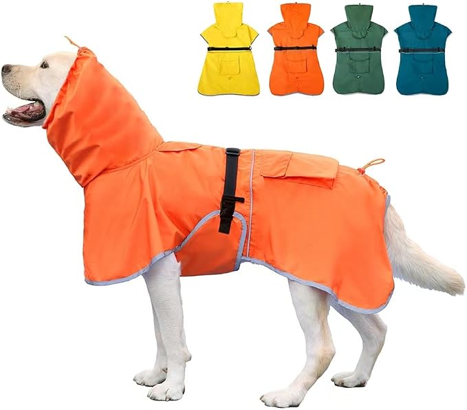 Reflective Dog Raincoat Waterproof Adjustable Dog Hooded Poncho Raincoat for Medium Large Dogs, Lightweight Pet Rain Jacket (Orange, 2XL)