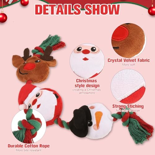 EXPAWLORER Christmas Dog Squeaky Toy - Interactive Doggie Rope Toy with Squeaker, Tug of War Pull Rope Teeth Cleaning, Tough Cotton Chew Toys for Small Medium Dogs Puppies Deer+Santa Claus+Snowman - Image 4
