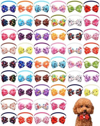 PET SHOW 50 Pack Paw Small Dog Collar Bow Ties Bulk Puppy Cats Adjustable Bowties for Medium Dogs Bowknots Holiday Party Ties Pet Grooming Accessories Assorted Randomly by PETSHOW