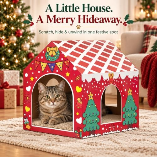 Christmas Cardboard Cat House for Indoor Cats with Scratcher Pad, Xmas House Holiday Hideout Decorations - Image 2