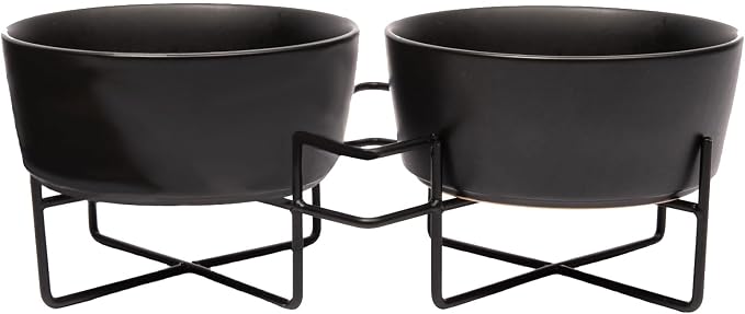 Waggo Simple Solid Double Dog Bowl and Dog Bowl Stand - Double Iron Stand with Double Ceramic Feeder or Water Bowl, Small or Large Dog Elevated Pet Feeder (Matte Black, Medium)