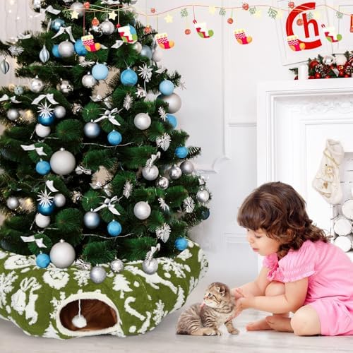 Cat Tunnel Christmas Tree Skirt 3 ft x 3 ft x 10 Inch Cat Bed Donut Cave Indoor Fluffy Circular with Mat and Ball Playground Toys for Festive Kitten Puppy Ferret Rabbit(Green,Elk) - Image 7
