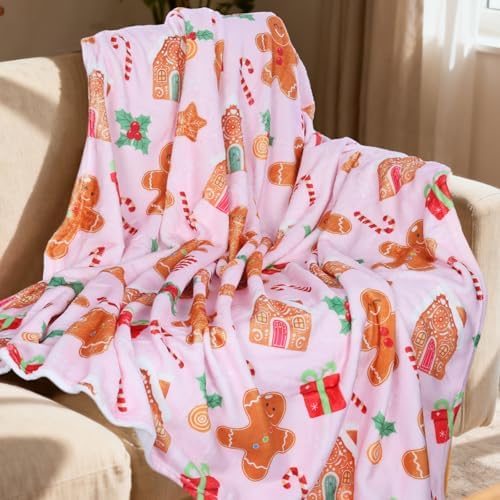 Pink Gingerbread Christmas Throw Blanket, Soft Lightweight Candy Cane Xmas Flannel Blanket for Winter Holiday Couch Sofa Bed Chair Living Rooms Home Decor Gifts 50 x 60 Inch by VISSTREE