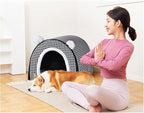 Dog Bed or Cat Bed,2 Ways to Use,Indoor Pet House with Fluffy Mat,Removable and Washable Cover,Non-Slip Bottom,for Medium Dogs and Cats(L Black Cranes)