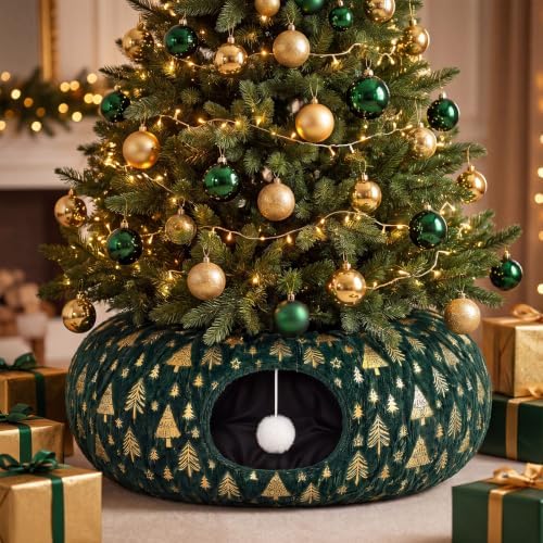 Christmas Tree Cat Tunnel 36 in Donut Bed, Green, Polyester, Gold Foiling by SilTriangle