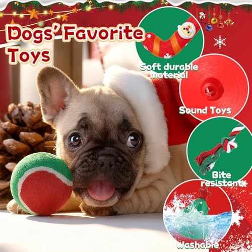 Shappy 2 Sets 8 Pcs Christmas Dog Stocking Toys with Squeaky Dog Toys, Santa Cane, Tennis Ball, Xmas Tree, Rope, Bone, Xmas Stocking Pet Set, Interactive Pet Gifts - Image 3