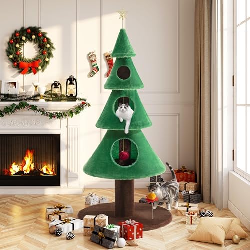 Allewie 63 Inches Cat Tree for Indoor Kitty/Tower with 3 Condos/ 5ft Christmas Tree Party Decoration/Activity Center Play House and Beds/Green by Allewie