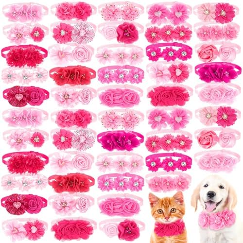 50 Pcs Flower Dog Bows Pink Collar Puppy Bows, Pink and Rose Red by Solsew