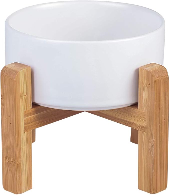 Ceramic Elevated Raised Cat Bowl with Wood Stand No Spill Pet Food Water Feeder Cats Small Dogs