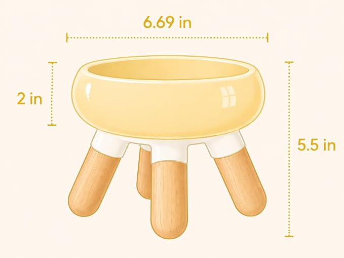INW Elevated Ceramic Pet Bowl with Wooden Stand – Raised Cat & Dog Feeder, Interchangeable, Anti-Tip, Dishwasher Safe, 12 oz, Easy to Clean – Yellow