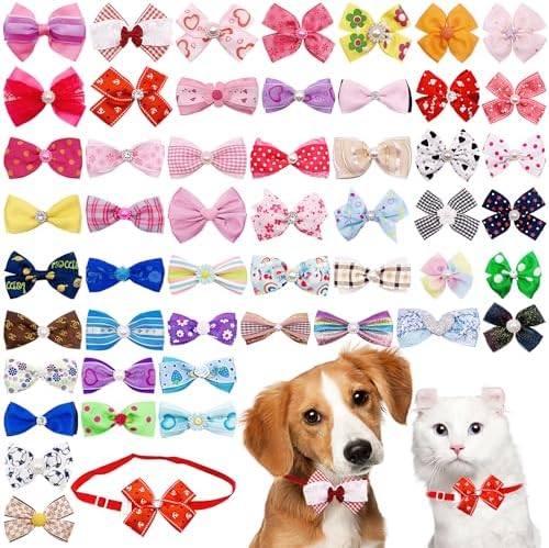 PET SHOW 50 Pack Small Dog Bow Ties Collar Bulk Puppy Cats Boy Girl Bowties Adjustable Neckties Pet Grooming Accessories Assorted Randomly(Daily Style) by PETSHOW