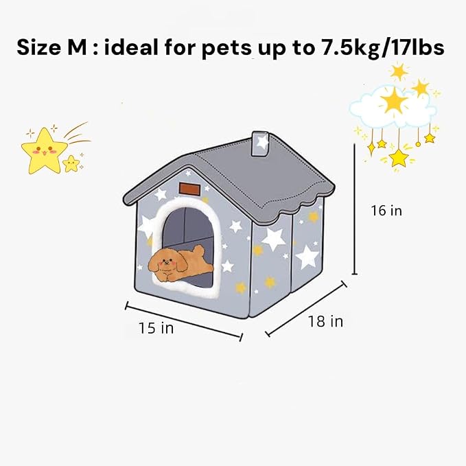 Dog House Indoor Portable Puppy Cave Cat Nest Kennel Pet Bed fit 7.5kg/17lb | Portable Memory Houses with Cushion (Grey, M:Size fits 7.5kg/17lbs (Pets))