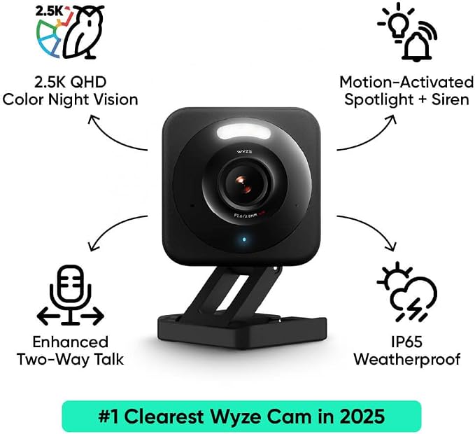 WYZE Cam v4 (Latest Model), 2.5K AI Security Camera, Indoor/Outdoor Cameras for Home Security, Baby Monitor & Pet Camera, Color Night Vision, No Subscription Required (2 Pack)