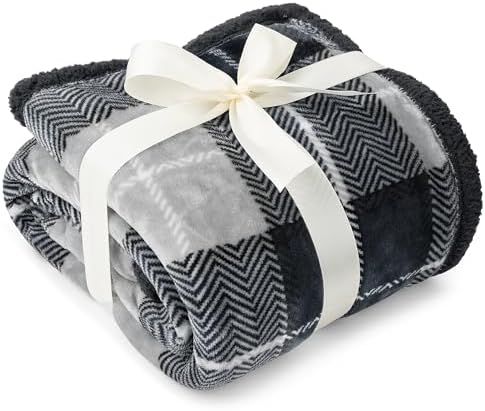 PAVILIA Plaid Sherpa Throw Blanket for Couch Sofa Bed, Dark Grey, 50x60 - Image 3