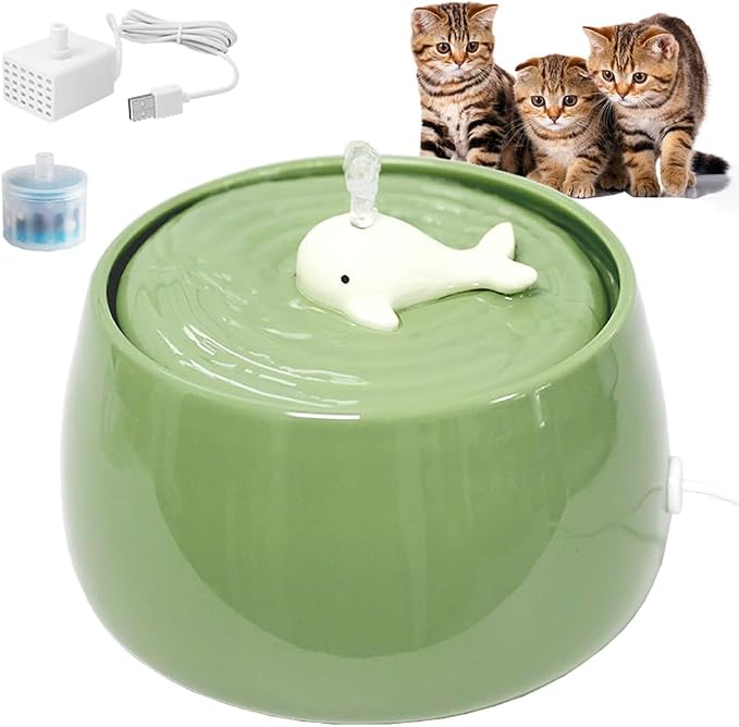 Ceramic Cat Water Fountain, 45oz/1.3L Green Pet Water Dispenser | Automatic Pet Water Bowl, Ultra Quiet Cat Water Fountain with Activated Carbon Filter, Perfect for Cats and Small Dog