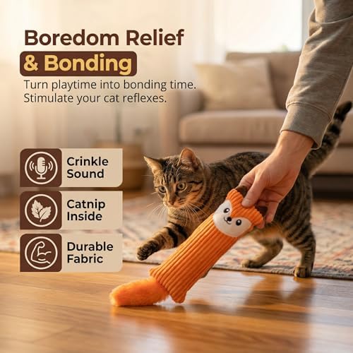 Fashion's Talk Catnip Toys for Indoor Cats, 2-Pack Large Plush Fox & Owl Kicker Toys, Cat Chew Toys with Crinkle Sound Organic Catnip – Hunting Instincts Exercise (2) - Image 6