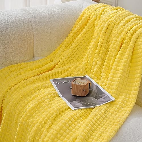 Puncuntex Fleece Throw Blanket Bright Yellow 60"×80"with Square Grid Design - Image 3