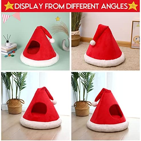 NIBESSER Cat Bed Christmas Hat Cat Tent House Self-Warming 2 in 1 Removable Comfortable Triangle Pet Teepee Xmas Dog Cave in Winter (Red) - Image 2