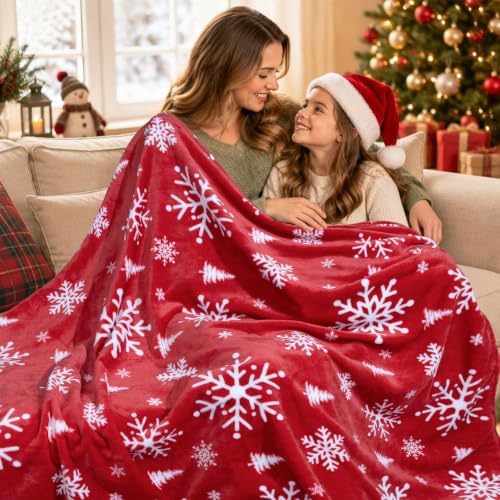 Vessia Snowflakes Printed Throw Blanket for Couch, 300GSM Red Winter Decor - Image 2