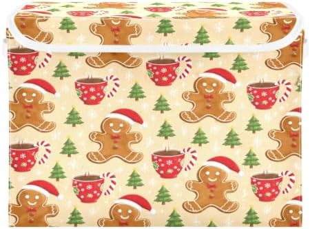 Bolaz Gingerbread Man Holiday Pattern with Christmas Trees and Mugs Storage Bins with Lids and Handles, Storage Box Basket with Cover Collapsible Organizer Containers for Home Closet, Shelves - Image 2