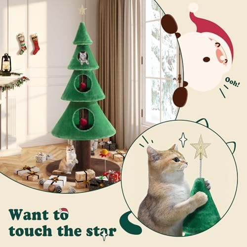 Allewie 63 Inches Cat Tree for Indoor Kitty/Tower with 3 Condos/ 5ft Christmas Tree Party Decoration/Activity Center Play House and Beds/Green - Image 3
