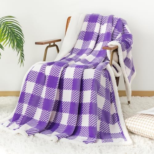 Touchat Sherpa Plaid Twin Blanket 60" X 70", Fuzzy Fluffy Soft Cozy Throw Blanket, Twin Size Plush Fleece Flannel Plush Microfiber Blanket for Couch Bed Sofa (PurpleWhite) - Image 5