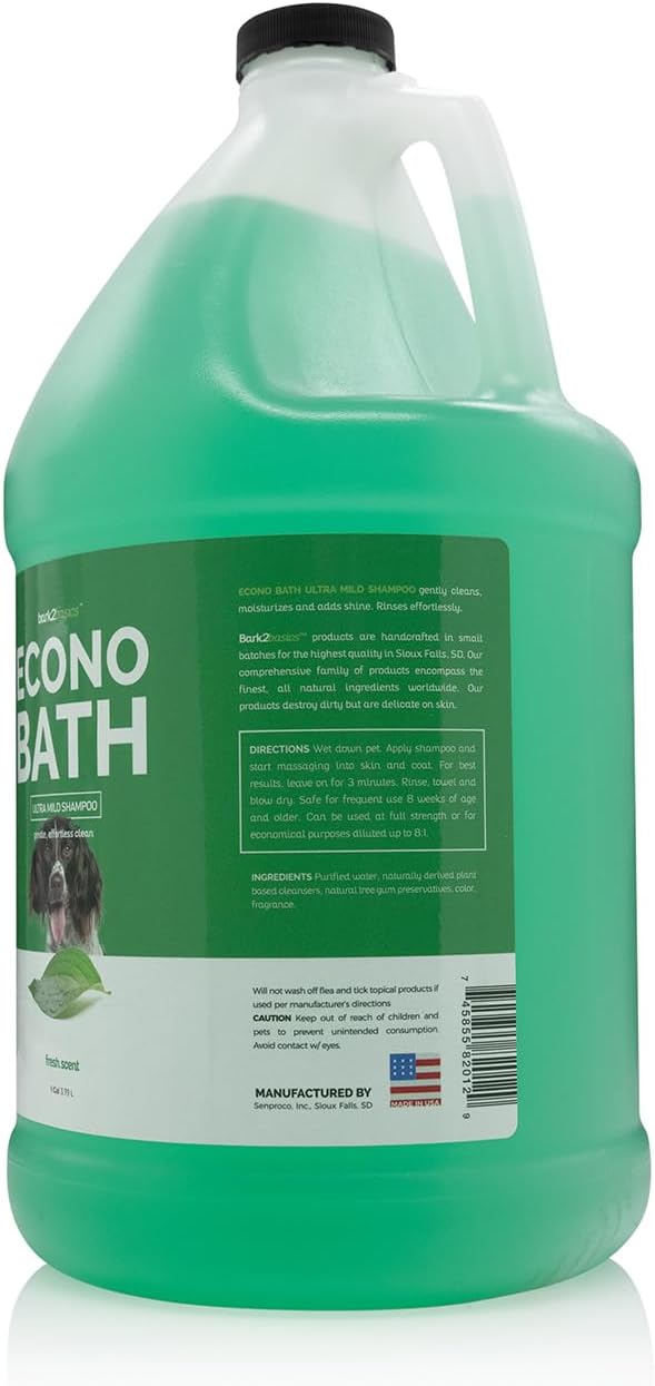 Bark2Basics Econo Bath Dog Shampoo, 1 Gallon - Ultra Mild, All Natural Ingredients, Gently Cleans and Moisturizes, Adds Shine to Coat, Fresh Scent | 8:1 Concentrate, Gently Cleans, Moisturizes and Adds Shine, Fresh Scent, Natural Pet Grooming Wash, Gro...