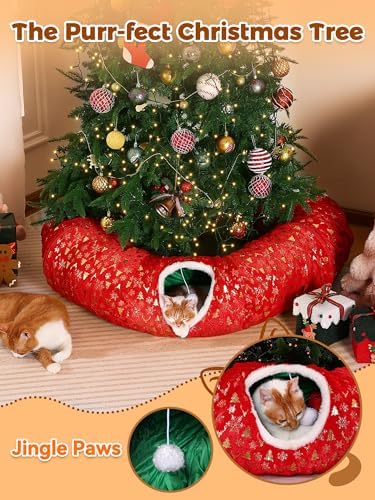 Rywell 3-in-1 Cat Tunnel Christmas Tree Skirt,Soft Plush Tunnel Bed for Indoor Cats Play, Rest & Hide, Foldable Cat Tunnel with Cozy Cushion & Toy Balls, Perfect for Christmas Tree Decor - Image 3