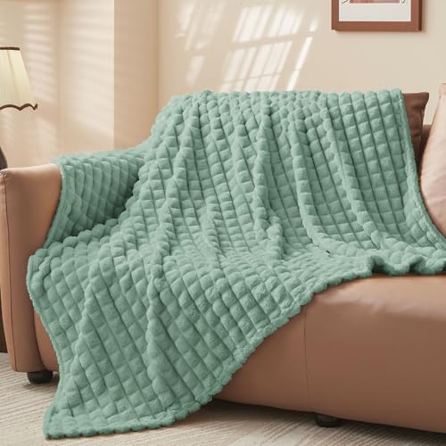 BEDELITE Sage Green Checked Fleece Twin Throw Blanket for Bed, 60x80 Inch - Image 2