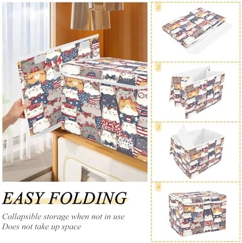 Bolaz Storage Bins with Lids and Handles,National Flag Cat Pattern Storage Box Basket with Cover Collapsible Organizer Containers for Home Closet, Shelves - Image 4