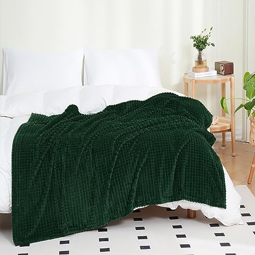Puncuntex Fleece Throw Blanket Dark Green 90"×90" with Square Grid Design by Puncuntex