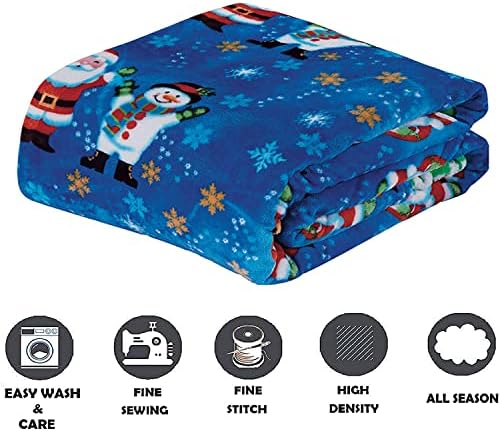 Elegant Comfort Luxury Velvet Super Soft Christmas Prints Fleece Blanket-Holiday Theme Home Décor Fuzzy Warm and Cozy Throws for Winter Bedding, Couch and Gift, 50 x 60 inch, Blue Santa Snowman - Image 2
