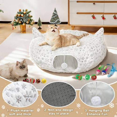 White Plush Cat Tunnel Christmas Tree Skirt with 11 Pcs Interactive Toys - Image 2