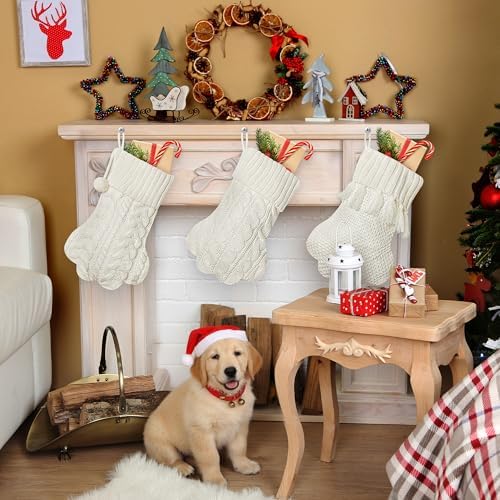 WATINC Pet Paw Christmas Stockings - 3 Pack Large Paw Shape Stocking with Tassel, Pet Dog Cat Knit White Christmas Hanging Socks for Xmas Eve Party Holiday Fireplace Tree Gift Decoration - Image 4