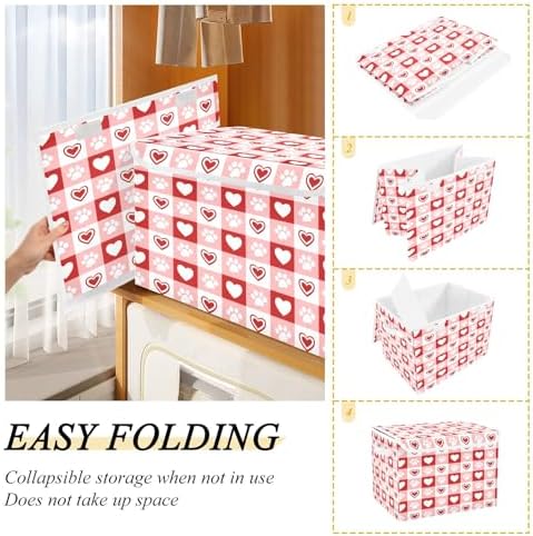 Bolaz Red Checkboard Dog Footprint Hearts Pattern Storage Bins with Lids and Handles, Foldable Storage Box Storage Basket with Cover Collapsible Organizer Containers for Home Closet, Shelves - Image 4