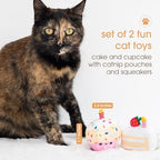 Pearhead Happy Birthday Cake Cat Toy Set, Stuffed Birthday Cake and Cupcake Cat Toys with Catnip and Squeakers, Interactive Fun Kitten Toys, Pet Owner Pet Birthday Gift, Ideal for Cat Lovers, Set of 2 - Image 2