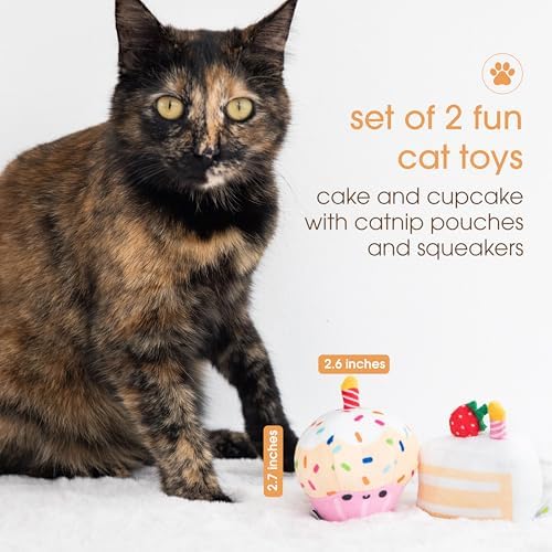 Pearhead Happy Birthday Cake Cat Toy Set, Stuffed Birthday Cake and Cupcake Cat Toys with Catnip and Squeakers, Interactive Fun Kitten Toys, Pet Owner Pet Birthday Gift, Ideal for Cat Lovers, Set of 2 - Image 2