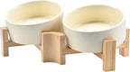 SPUNKYJUNKY 15° Slanted Ceramic Dog and Cat Bowl with Wooden Stand, Tilted Bulldog Food and Water Bowl No Slip Non-Spill for Cats Medium Dogs Big Face Pets 13.5 OZ (1.7 Cups, Beige × 2)