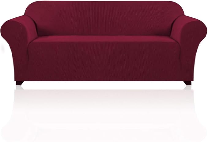 Stretch Sofa Cover Slipcover Couch Covers for 3 Cushion Couch Furniture Protector Sofa Covers with Non Slip Elastic Bottom Dogs Pet Friendly Fitted(Large Sofa 90"-100",Burgundy Red)