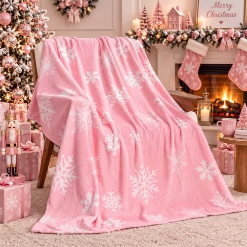 Fuweave Pink Christmas Throw Blanket 50 x 60 Inches Snowflake Throw Blanket by FuWeave