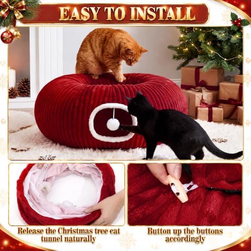 Christmas Tree Cat Tunnel 36 in Donut Bed, Red, Flannel, Corduroy - Image 5