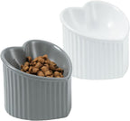 5.5 in Ceramic Raised Tilted Cat Food Bowls 2 Pack | Elevated, Love Heart Shape, Slanted, Stress Free, Feeding Dishes, Protect Pet's Spine, Reduce Neck Burden, White&Grey