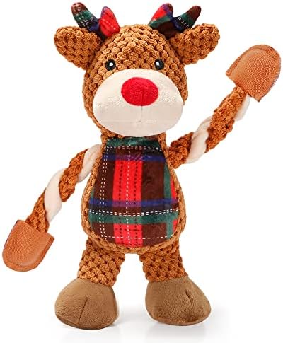 Senneny Dog Christmas Toys Reindeer, Classic Red Green Tartan Plaid Squeaky Toys for Dogs Puppy, Stuffed Plush for Large Medium Small Dogs, Interactive Durable Dog Chew Toys by Senneny