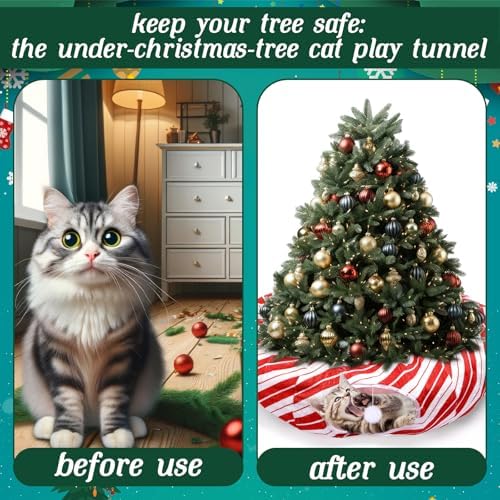Leyndo 37 x 10 Inches Candy Cane Cat Tunnel Christmas Tree Skirt Bed Under Christmas Tree Cat Cave Donut with Central Mat Festive Decor for Small Medium Large Cats, Kittens, Rabbit - Image 7