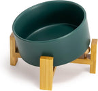 SPUNKYJUNKY 15° Slanted Ceramic Dog and Cat Bowl with Wooden Stand, Tilted Bulldog Food and Water Bowl No Slip Non-Spill for Cats Medium Dogs Big Face Pets 28.7 OZ (3.6 Cups, Green)