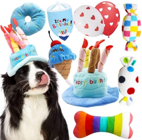 lilfrd 9Pcs Blue Dog Birthday Toy Set, Squeaky Hat Bandana Gift for Dogs by Lilfrd